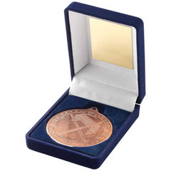 BLUE VELVET BOX AND 50mm MEDAL HOCKEY TROPHY BRONZE - 3.5in