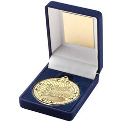 BLUE VELVET BOX AND 50mm GOLD MEDAL WELL DONE TROPHY - 3.5in