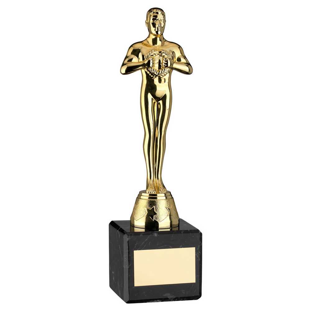 GOLD PLASTIC 'ACHIEVEMENT' FIGURE ON BLACK MARBLE TROPHY - 8in