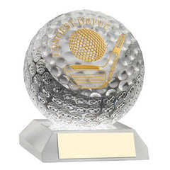 CLEAR GLASS GOLF BALL WITH PLATE LONGEST DRIVE - 3.75in
