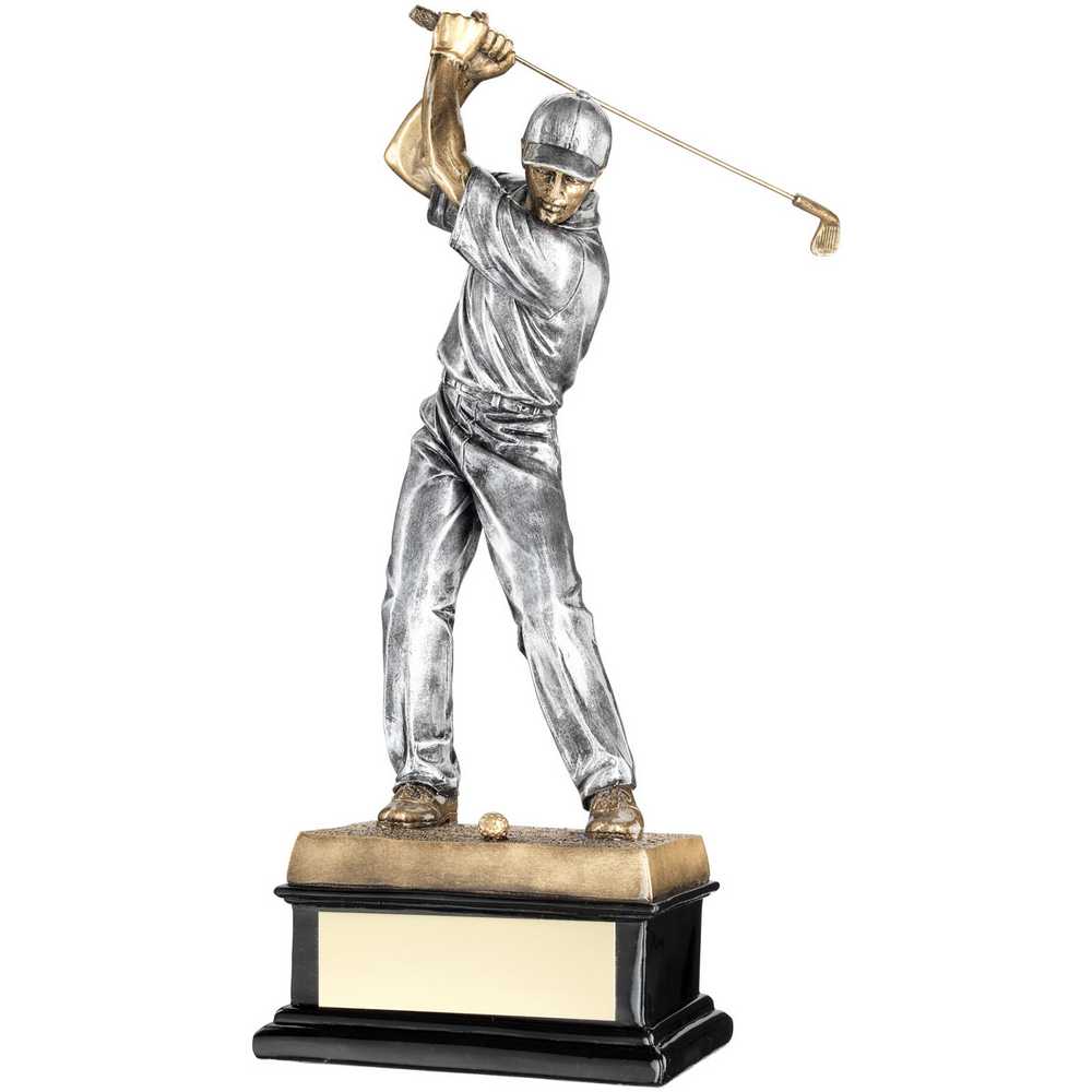BRZ/PEW 'BACK SWING' GOLFER ON BLACK BASE WITH PLATE - 14in