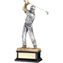 BRZ/PEW 'BACK SWING' GOLFER ON BLACK BASE WITH PLATE - 14in