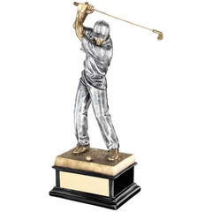 BRZ/PEW 'BACK SWING' GOLFER ON BLACK BASE WITH PLATE - 14in