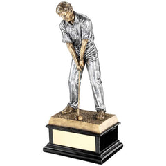 BRZ/PEW 'START OF SWING' GOLFER ON BLACK BASE WITH PLATE - 12.5in