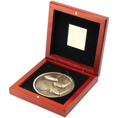 ROSEWOOD BOX AND 70mm MEDALLION GOLF TROPHY ANTIQUE GOLD - 4.5in