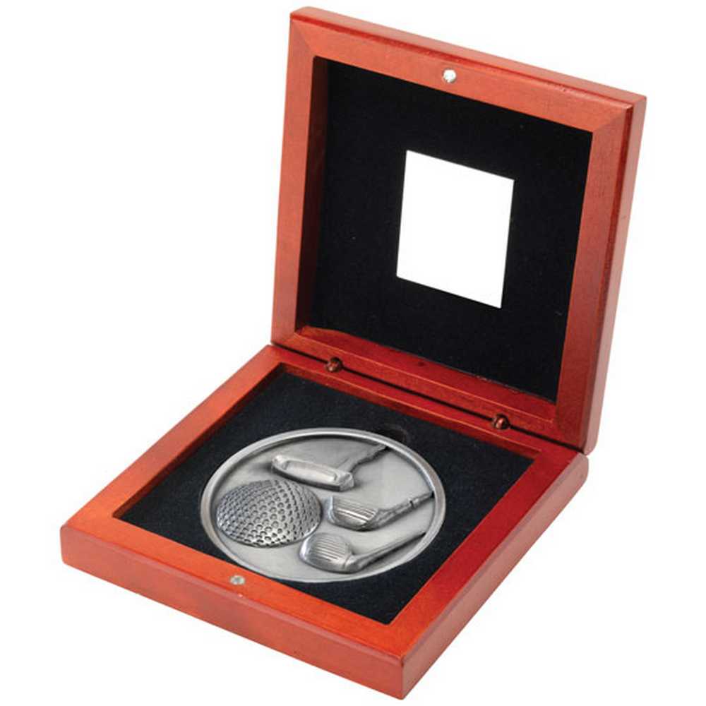 ROSEWOOD BOX AND 70mm MEDALLION GOLF TROPHY ANTIQUE SILVER - 4.5in
