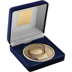 BLUE VELVET BOX AND 70mm MEDALLION GOLF TROPHY ANTIQUE GOLD LONGEST DRIVE - 4"