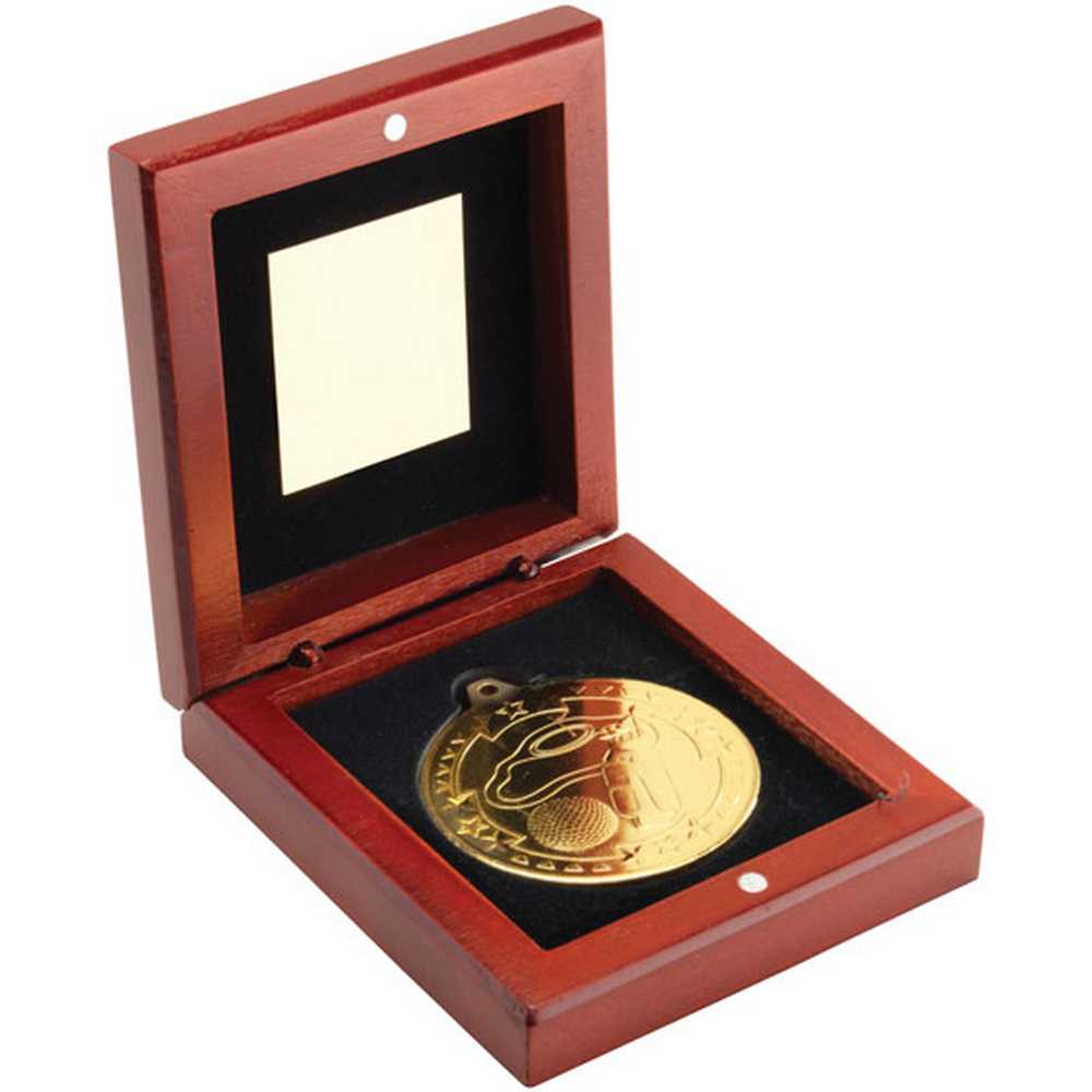 ROSEWOOD BOX AND 50mm MEDAL GOLF TROPHY GOLD - 3.75in