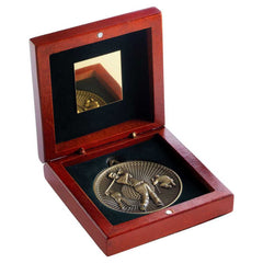 ROSEWOOD BOX AND 60mm MEDAL GOLF TROPHY ANTIQUE GOLD - 4.25in