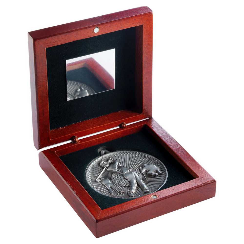 ROSEWOOD BOX AND 60mm MEDAL GOLF TROPHY ANTIQUE SILVER - 4.25in