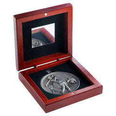 ROSEWOOD BOX AND 60mm MEDAL GOLF TROPHY ANTIQUE SILVER - 4.25in