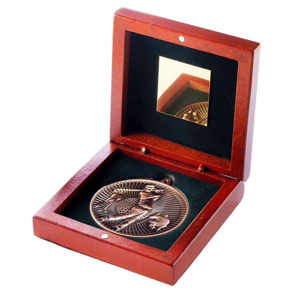 ROSEWOOD BOX AND 60mm MEDAL GOLF TROPHY BRONZE - 4.25in