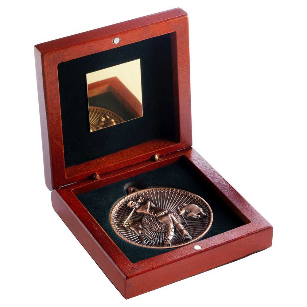 ROSEWOOD BOX AND 60mm MEDAL GOLF TROPHY BRONZE - 4.25in