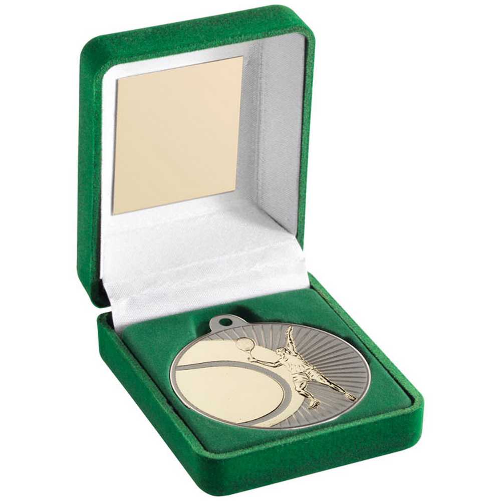 GREEN VELVET BOX AND 50mm TENNIS MEDAL TROPHY MATT SILVER/GOLD - 3.5in
