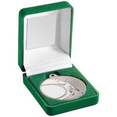 GREEN VELVET BOX AND 50mm TENNIS MEDAL TROPHY MATT SILVER/SILVER - 3.5in
