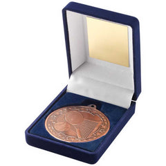 BLUE VELVET BOX AND 50mm MEDAL TENNIS TROPHY BRONZE - 3.5in