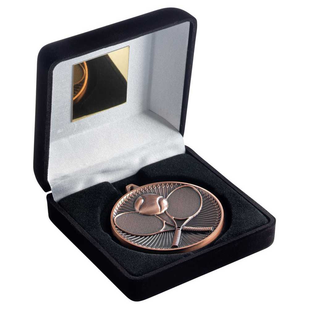BLACK VELVET BOX AND 60mm MEDAL TENNIS TROPHY BRONZE - 4in