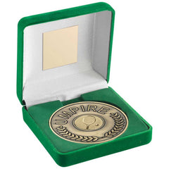 GREEN VELVET BOX AND 70mm ANT GOLD UMPIRE MEDALLION WITH TENNIS INSERT - 4in