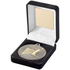 BLACK VELVET BOX AND 50mm BADMINTON MEDAL TROPHY MATT SILVER/GOLD - 3.5in
