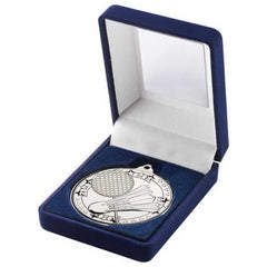 BLUE VELVET BOX AND 50mm MEDAL BADMINTON TROPHY SILVER - 3.5in
