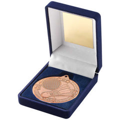 BLUE VELVET BOX AND 50mm MEDAL BADMINTON TROPHY BRONZE - 3.5in