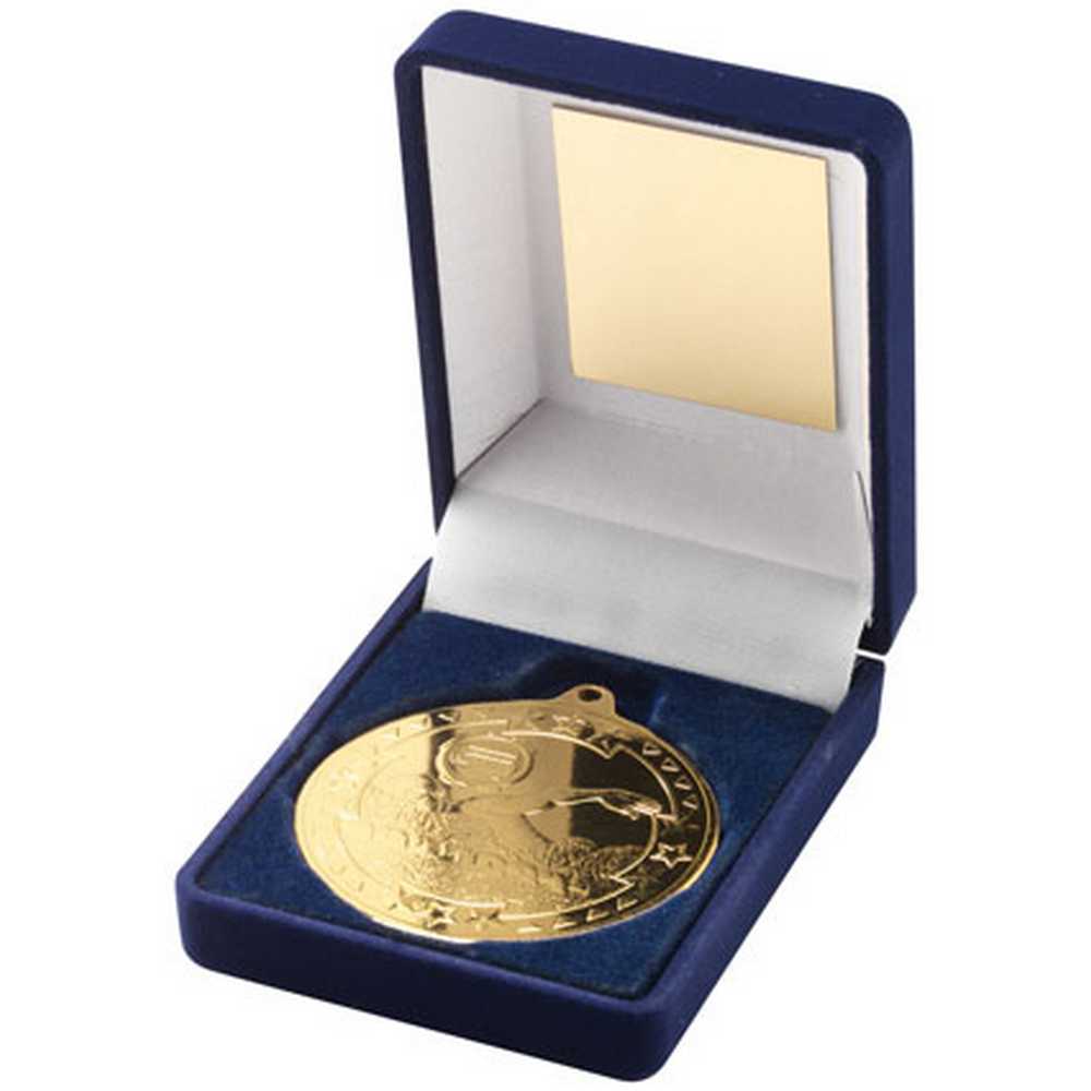 BLUE VELVET BOX AND 50mm MEDAL SWIMMING TROPHY GOLD - 3.5in