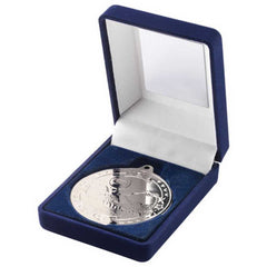 BLUE VELVET BOX AND 50mm MEDAL SWIMMING TROPHY SILVER - 3.5in