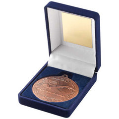 BLUE VELVET BOX AND 50mm MEDAL SWIMMING TROPHY BRONZE - 3.5in