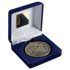 BLUE VELVET BOX AND 60mm MEDAL SWIMMING TROPHY ANTIQUE GOLD - 4in