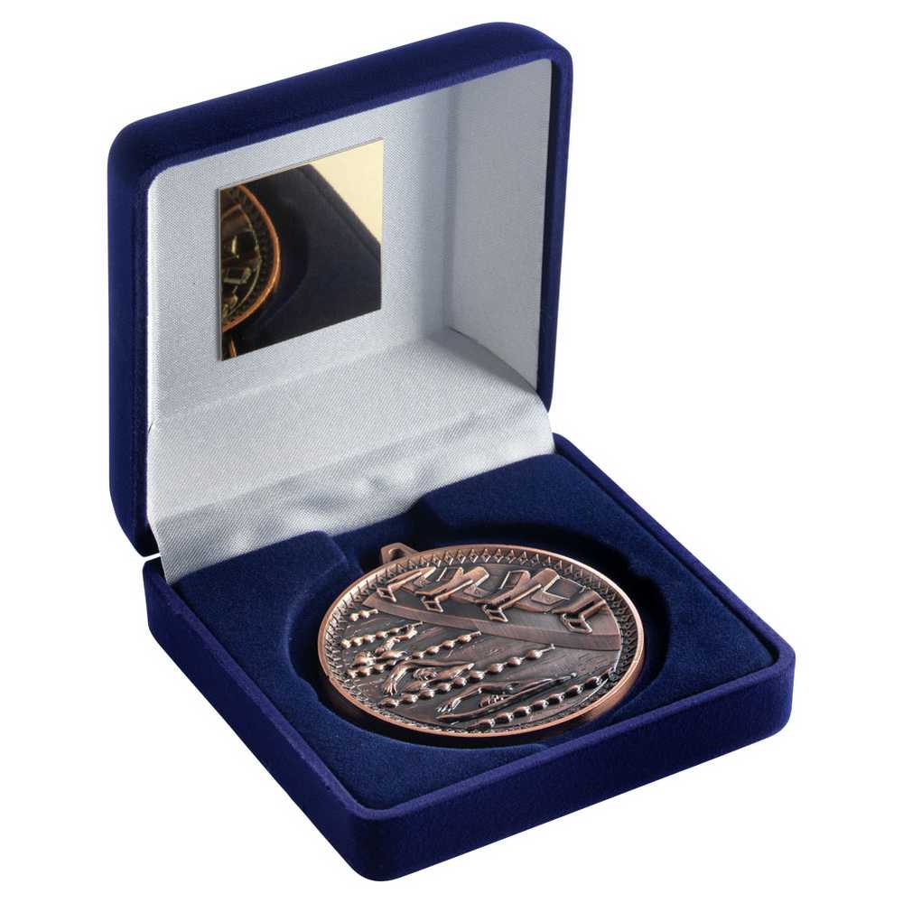 BLUE VELVET BOX AND 60mm MEDAL SWIMMING TROPHY BRONZE - 4in