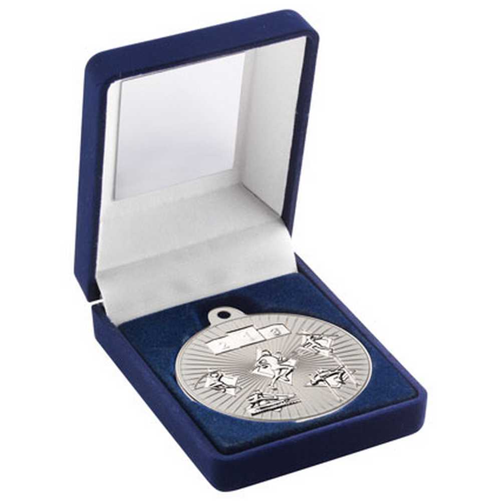 BLUE VELVET BOX AND 50mm MULTI ATHLETICS MEDAL TROPHY MATT SILVER/SILVER - 3.5in