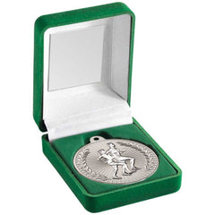 GREEN VELVET BOX AND 50mm RUNNING MEDAL TROPHY MATT SILVER/SILVER - 3.5in