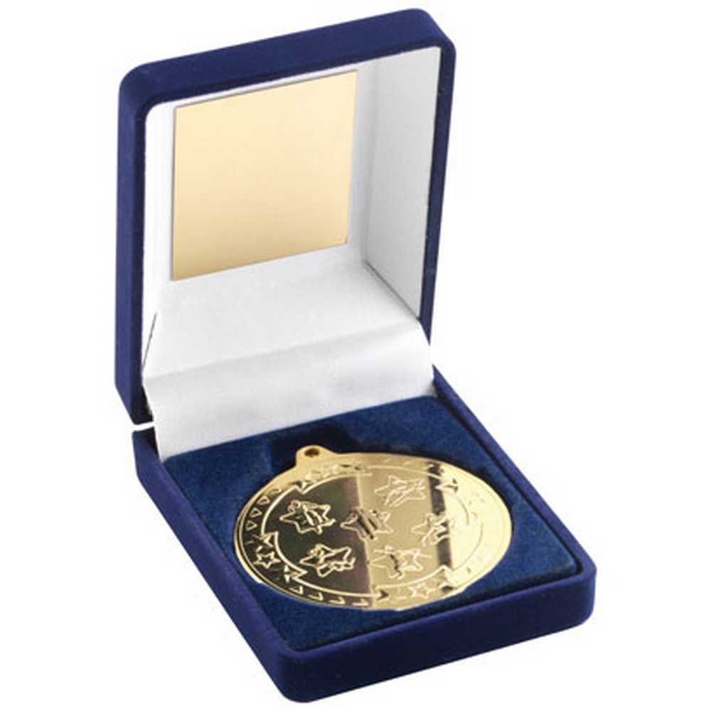 BLUE VELVET MEDAL BOX AND 50mm MEDAL MULTI ATHLETICS TROPHY GOLD - 3.5in