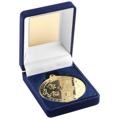 BLUE VELVET MEDAL BOX AND 50mm MEDAL MULTI ATHLETICS TROPHY GOLD - 3.5in