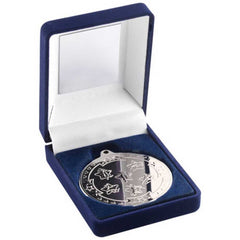 BLUE VELVET MEDAL BOX AND 50mm MEDAL MULTI ATHLETICS TROPHY SILVER - 3.5in