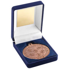 BLUE VELVET MEDAL BOX AND 50mm MEDAL MULTI ATHLETICS TROPHY BRONZE - 3.5in