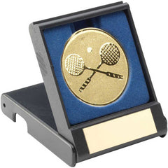 BLACK PLASTIC BOX WITH SQUASH INSERT TROPHY GOLD - 3.5in