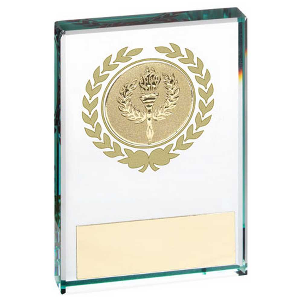 JADE GLASS BLOCK WITH GOLD WREATH 12mm THICK WITH PLATE (1in CENTRE) - 2 x 3in