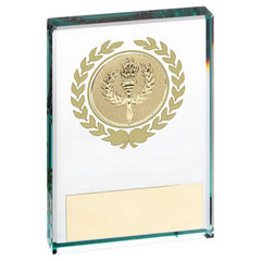 JADE GLASS BLOCK WITH GOLD WREATH 12mm THICK WITH PLATE (1in CENTRE) - 2 x 3in