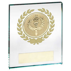 JADE GLASS BLOCK WITH GOLD WREATH 12mm THICK WITH PLATE (2in CENTRE) - 4 x 5in