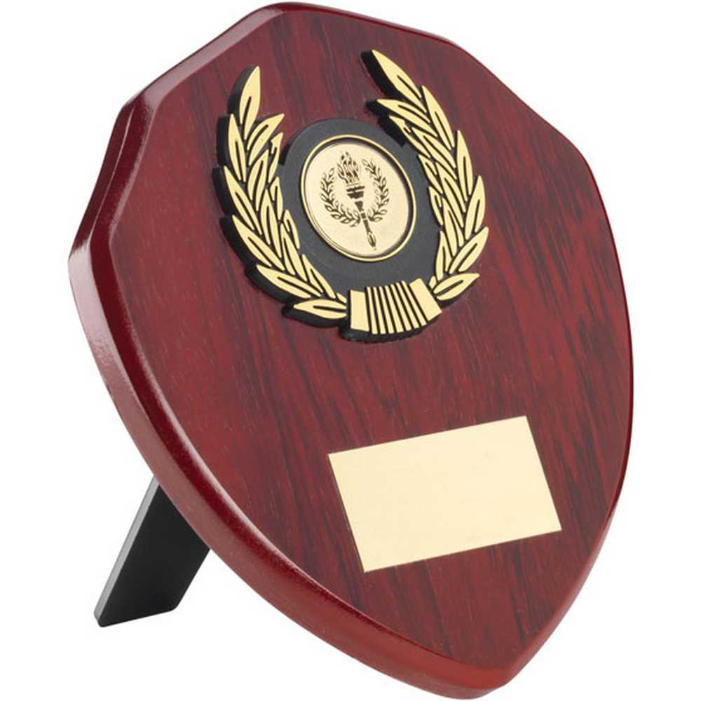 ROSEWOOD SHIELD AND GOLD TRIM ASSEMBLED TROPHY (1in CENTRE) - 6in