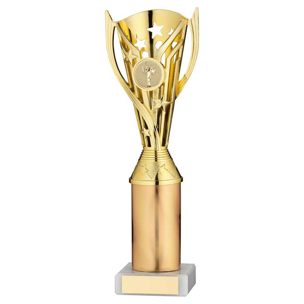 GOLD PLASTIC 'FLASH' CUP ASSEMBLED ON MARBLE (1in CEN) - 10in