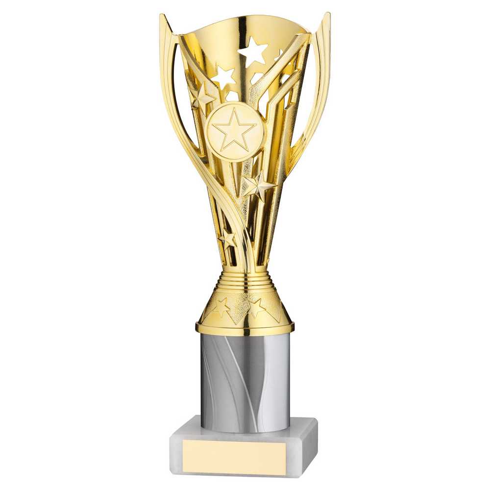 GOLD/WHITE PLASTIC 'FLASH' CUP ASSEMBLED ON MARBLE (1in CEN) - 9in