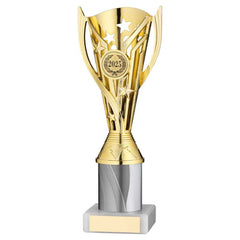 GOLD/WHITE PLASTIC 'FLASH' CUP ASSEMBLED ON MARBLE (1in CEN) - 9in
