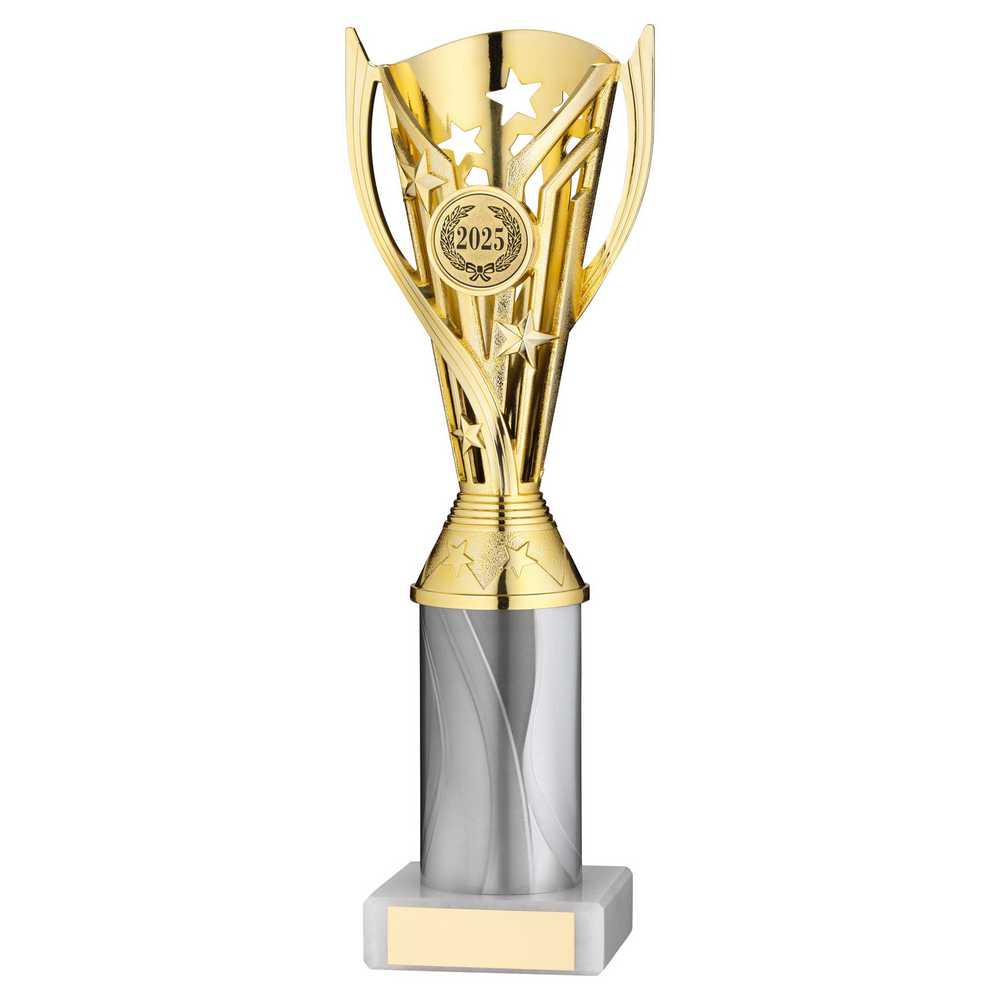 GOLD/WHITE PLASTIC 'FLASH' CUP ASSEMBLED ON MARBLE (1in CEN) - 10in