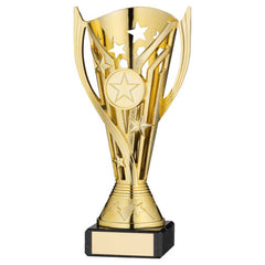 GOLD PLASTIC 'FLASH' CUP ON BLACK MARBLE ASSEMBLED TROPHY (1" CEN) - 6.75in