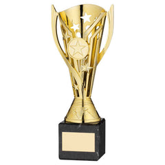 GOLD PLASTIC 'FLASH' CUP ON BLACK MARBLE ASSEMBLED TROPHY (1" CEN) - 8in
