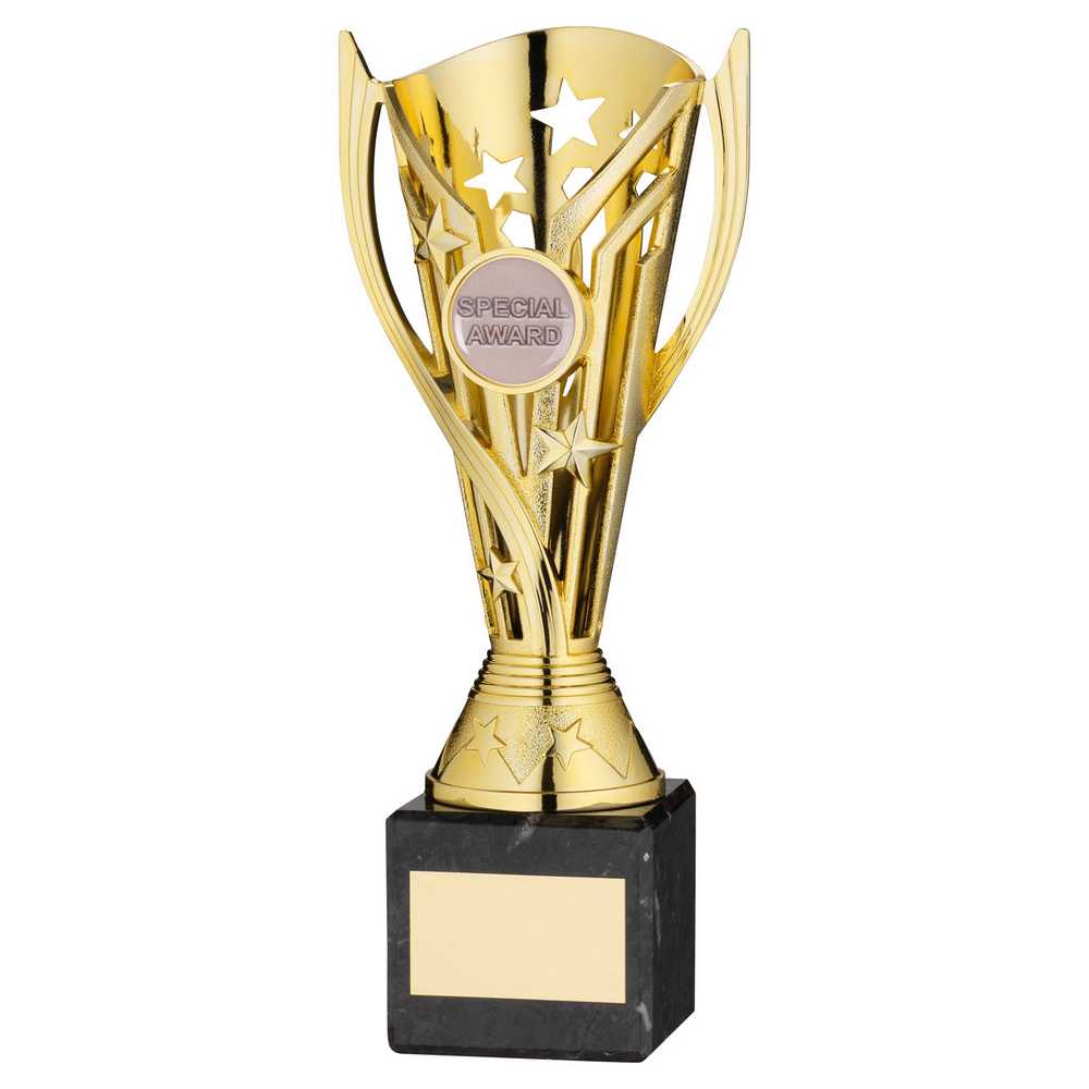 GOLD PLASTIC 'FLASH' CUP ON BLACK MARBLE ASSEMBLED TROPHY (1" CEN) - 8in