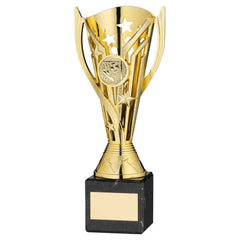 GOLD PLASTIC 'FLASH' CUP ON BLACK MARBLE ASSEMBLED TROPHY (1" CEN) - 8in