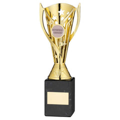 GOLD PLASTIC 'FLASH' CUP ON BLACK MARBLE ASSEMBLED TROPHY (1" CEN) - 9in